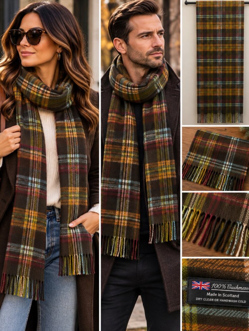 100% Cashmere Tartan Plaid Scarf Made in Scotland 64" Unisex Men Women